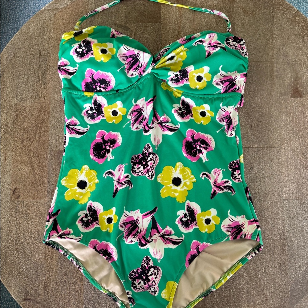 J. Crew Green and Yellow One Piece Swimsuit with Retro Floral Design